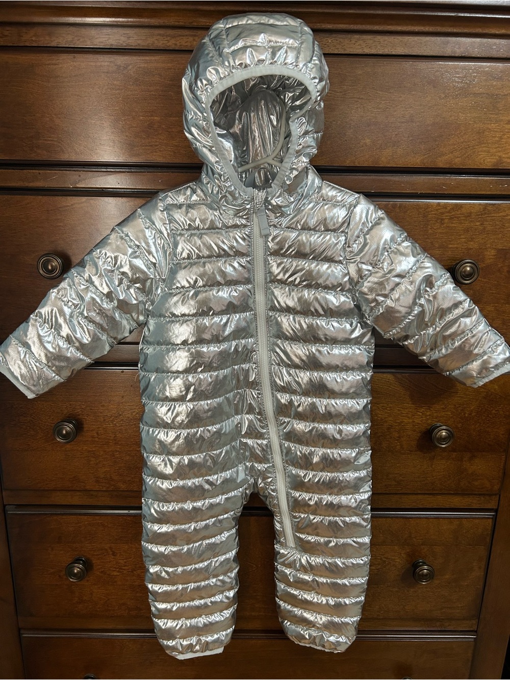 Primary Silver Metallic Quilted Hooded One-Piece Snowsuit